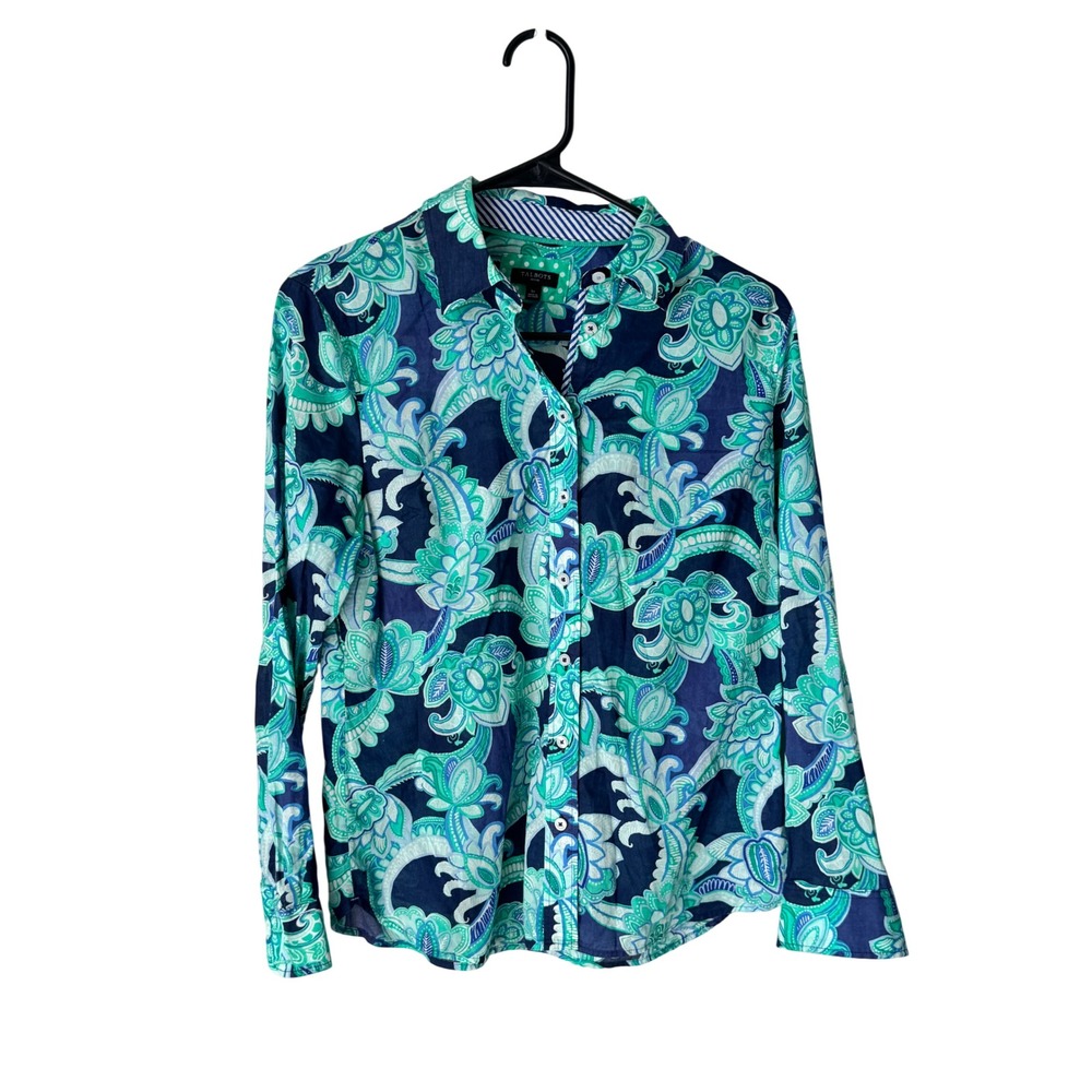 Talbots Petite Navy Blue Teal Paisley Cotton Button Down Shirt SP VN5720 10/23
